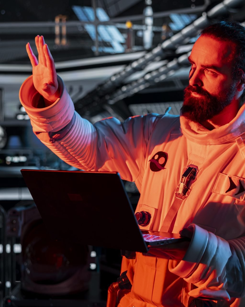 Spaceship crew member stressed by unknown hull breach causing alarm to sound. Worried cosmonaut reacts to system failure as radiation spike triggers emergency red lights inside orbital cockpit